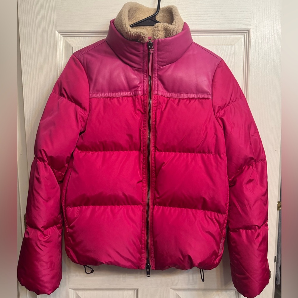 💗 Coach Fuchsia Puffer Jacket | Shearling Collar & Leather Detail | Size Small
